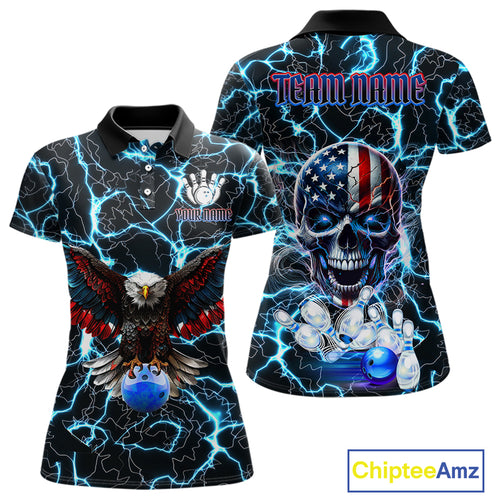 American Flag Eagle Skull Blue Lightning Thunder Women Bowling Shirts Custom Bowling Team Jersey NQS10725