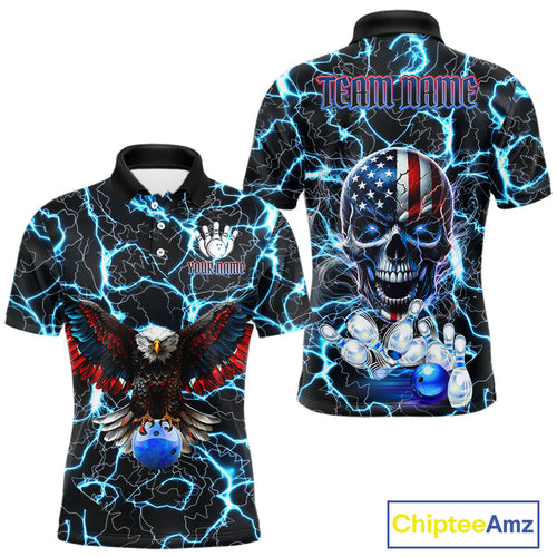 American Flag Eagle Skull Blue Lightning Thunder Mens Bowling Shirts Custom Bowling Team Jersey NQS10725