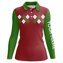 Load image into Gallery viewer, Green, Red and White argyle pattern Womens golf polo shirt custom Christmas golf attire for ladies NQS8784