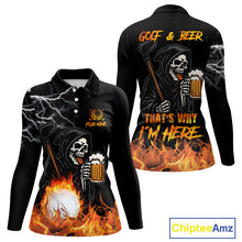 Load image into Gallery viewer, Funny Skull Reaper Lightning Flame Golf Polo Shirts For Women custom Golf &amp; Beer That&#39;s why I&#39;m here NQS10932
