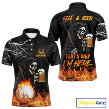 Load image into Gallery viewer, Funny Skull Reaper Lightning Flame Golf Polo Shirts For Men custom Golf &amp; Beer That&#39;s why I&#39;m here NQS10932