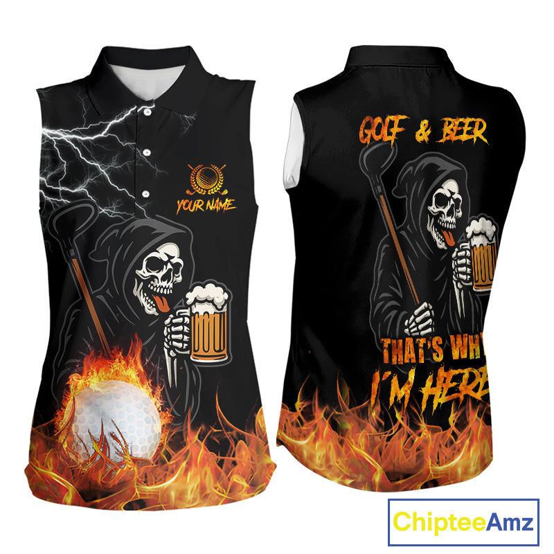 Funny Skull Reaper Lightning Flame Women Sleeveless Polo Shirt custom Golf & Beer That's why I'm here NQS10932