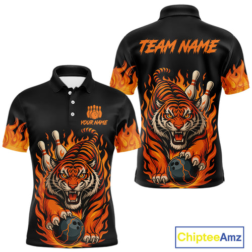 Black and Orange Flame Tiger Bowling Polo, 1/4 Zip Shirts for Men Custom Team Tiger Bowling Jersey NQS10935