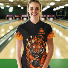 Load image into Gallery viewer, Black and Orange Flame Tiger Bowling Polo, 1/4 Zip Shirts for Women Custom Team Tiger Bowling Jersey NQS10935