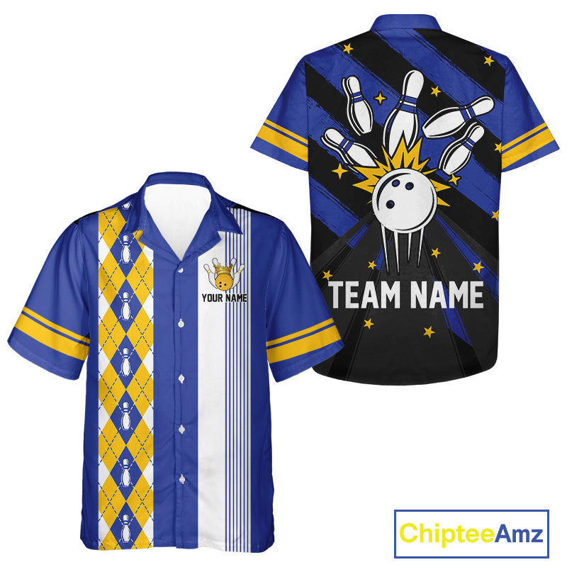 Retro Blue & Yellow argyle pattern Bowling Hawaiian shirt custom bowling team jersey Bowler Outfits NQS11108