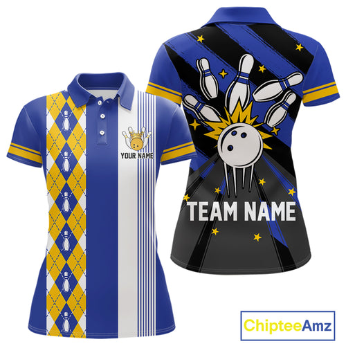 Retro Blue & Yellow argyle pattern Bowling shirts For Women custom bowling team jersey Bowler Outfits NQS11108