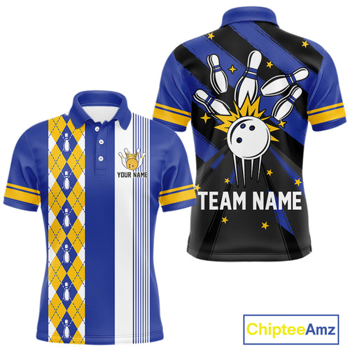 Retro Blue and Yellow argyle pattern Bowling shirts For Men custom bowling team jersey Bowler Outfits NQS11108