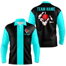 Load image into Gallery viewer, Personalized Cyan Blue and Black Retro Bowling Shirts For Men custom vintage bowling team jerseys NQS9599