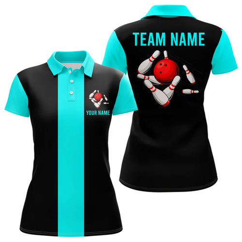 Personalized Cyan Blue and Black Retro Bowling Shirts For Women custom vintage bowling team jerseys NQS9599