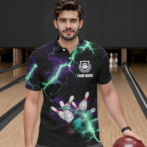 Men bowling shirts Custom Purple green lightning thunder Bowling Team Jersey, gift for team Bowlers NQS9601