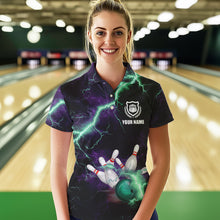 Load image into Gallery viewer, Women bowling shirts Custom Purple green lightning thunder Bowling Team Jersey, gift for team Bowlers NQS9601