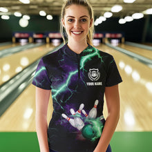 Load image into Gallery viewer, Women bowling shirts Custom Purple green lightning thunder Bowling Team Jersey, gift for team Bowlers NQS9601