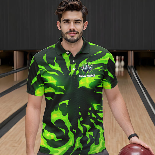 Men bowling Polo, Quarter Zip shirts Custom Green Flame Bowling Team Jersey, gift for team Bowlers NQS9602