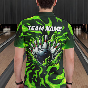 Men bowling Polo, Quarter Zip shirts Custom Green Flame Bowling Team Jersey, gift for team Bowlers NQS9602