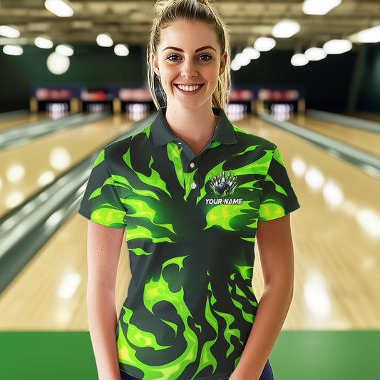 Women bowling Polo, Quarter Zip shirts Custom Green Flame Bowling Team Jersey, gift for team Bowlers NQS9602