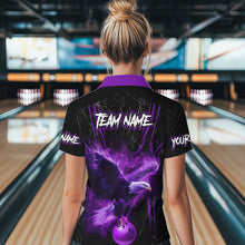 Load image into Gallery viewer, Black and Purple Flame Eagle Bowling Shirt For Women Custom Team Name Bowling Jerseys For Bowlers NQS9749