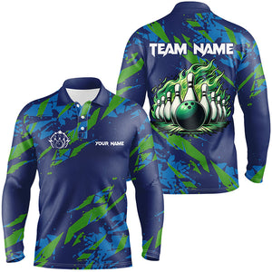 Blue and Green camo Bowling Polo Shirt for Men Custom Flame Bowling ball pins Team Bowler Jerseys NQS7529