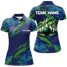 Load image into Gallery viewer, Blue and Green camo Bowling Polo Shirt for Women Custom Flame Bowling ball pins Team Bowler Jerseys NQS7529