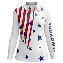 Load image into Gallery viewer, Personalized white golf polos shirt for women American flag 4th July custom patriotic ladies golf tops NQS5556