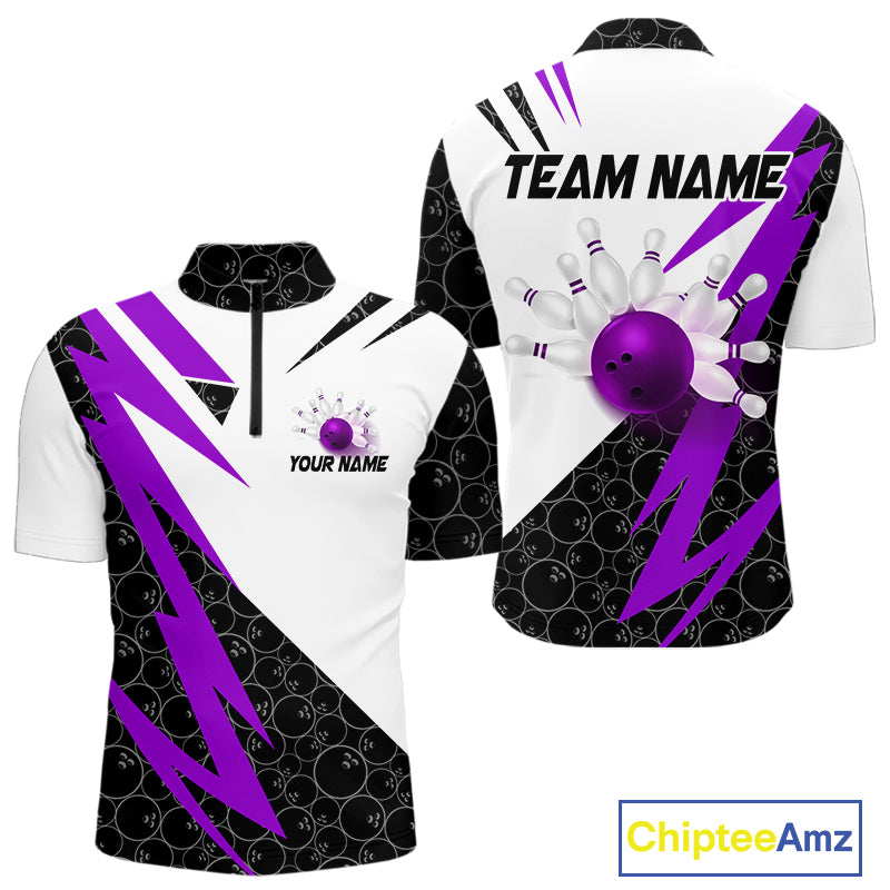 Black and White Bowling Polo, Quarter Zip Shirt for Men Custom Lightning Team bowling jersey | Purple NQS10003