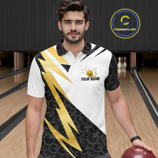 Black and White Bowling Polo, Quarter Zip Shirt for Men Custom Lightning Team bowling jersey | Gold NQS10004