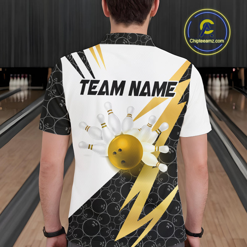 Black and White Bowling Polo, Quarter Zip Shirt for Men Custom Lightning Team bowling jersey | Gold NQS10004