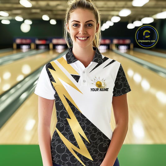 Black & White Bowling Polo, Quarter Zip Shirt for Women Custom Lightning Team bowling jersey | Gold NQS10004
