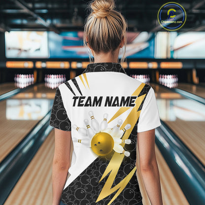 Black & White Bowling Polo, Quarter Zip Shirt for Women Custom Lightning Team bowling jersey | Gold NQS10004