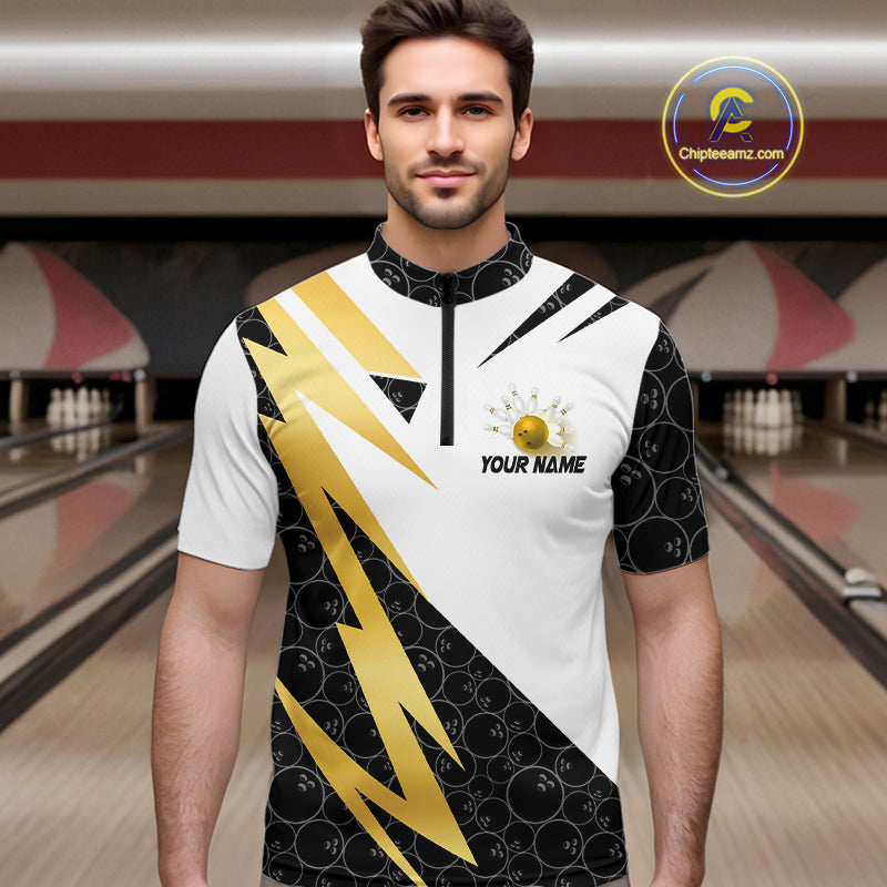 Black and White Bowling Polo, Quarter Zip Shirt for Men Custom Lightning Team bowling jersey | Gold NQS10004