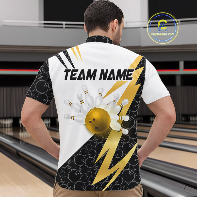 Black and White Bowling Polo, Quarter Zip Shirt for Men Custom Lightning Team bowling jersey | Gold NQS10004