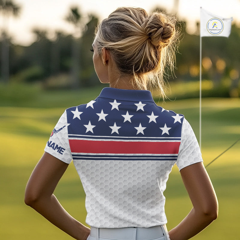 Red, White and Blue American Flag Womens golf polo shirts custom patriotic golf attire for ladies NQS10006