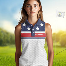 Load image into Gallery viewer, Red, White and Blue American Flag Women sleeveless golf polo shirt custom patriotic ldies golf attire NQS10006