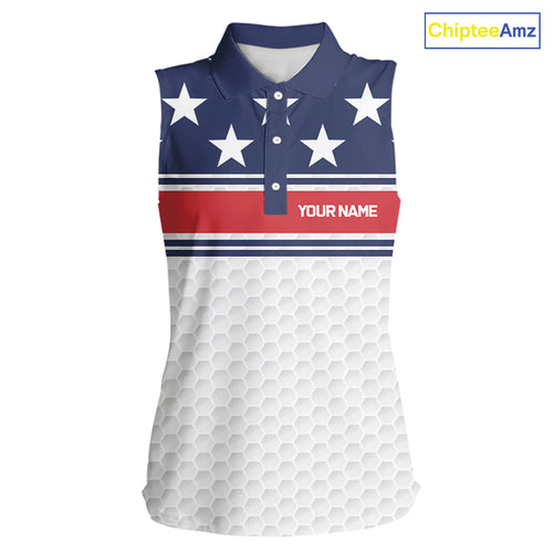 Red, White and Blue American Flag Women sleeveless golf polo shirt custom patriotic ldies golf attire NQS10006