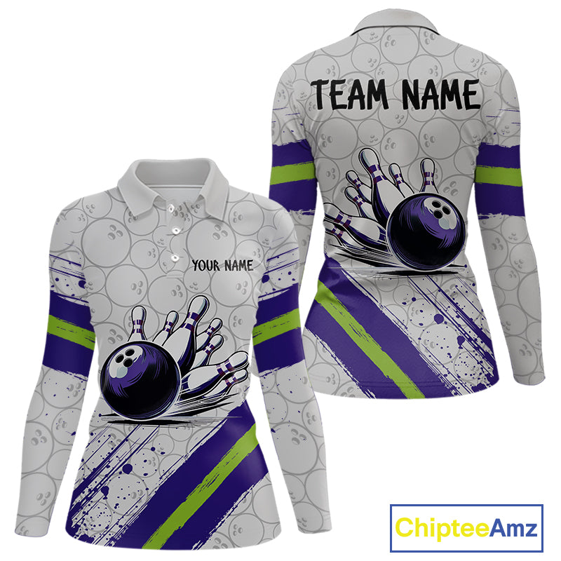 Purple and Green Bowling Camo Women Polo, 1/4 Zip Shirt Custom Team bowling jersey gift for bowlers NQS10008