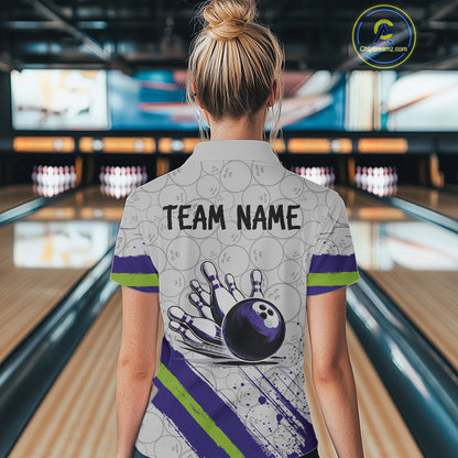 Purple and Green Bowling Camo Women Polo, 1/4 Zip Shirt Custom Team bowling jersey gift for bowlers NQS10008