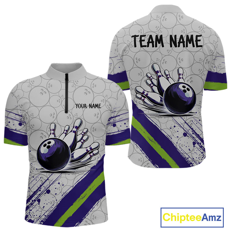 Purple and Green Bowling Camo Polo, 1/4 Zip Shirt for Men Custom Team bowling jersey gift for bowlers NQS10008