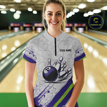 Load image into Gallery viewer, Purple and Green Bowling Camo Women Polo, 1/4 Zip Shirt Custom Team bowling jersey gift for bowlers NQS10008