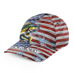 American flag patriot Walleye Fishing Baseball Angler Hat Cap, Personalized Walleye Fishing Gifts NQS8108