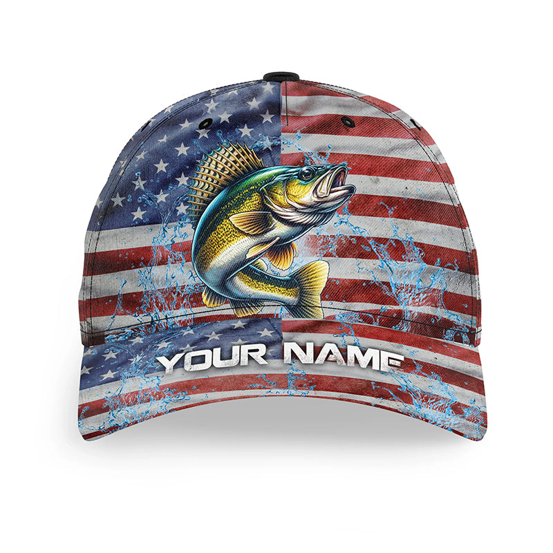 American flag patriot Walleye Fishing Baseball Angler Hat Cap, Personalized Walleye Fishing Gifts NQS8108