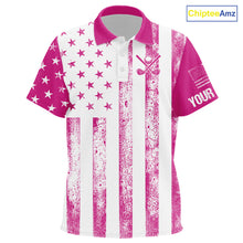 Load image into Gallery viewer, Personalized Pink &amp; White American Flag Retro Kid golf polo shirt Custom Patriotic Kid golf top NQS10307