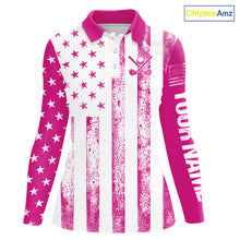 Load image into Gallery viewer, Personalized Pink &amp; White American Flag Retro Women golf polo shirts Custom Patriotic ladies golf top NQS10307