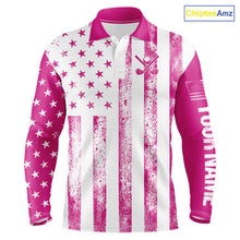 Load image into Gallery viewer, Personalized Pink &amp; White American Flag Retro Men golf polo shirts Custom Patriotic golf top for men NQS10307