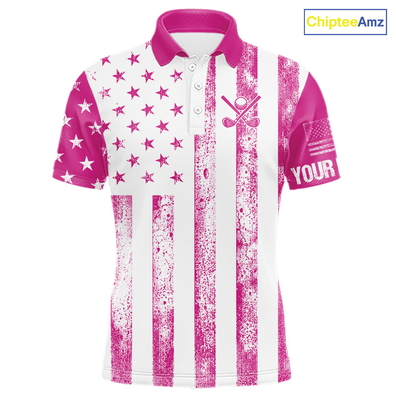 Personalized Pink & White American Flag Retro Men golf polo shirts Custom Patriotic golf top for men NQS10307