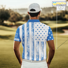 Load image into Gallery viewer, Personalized Blue &amp; White American Flag Retro Men golf polo shirts Custom Patriotic golf top for men NQS10308