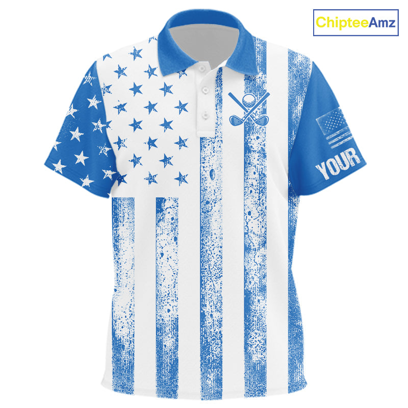 Personalized Blue & White American Flag Retro Kid golf polo shirt Custom Patriotic Kid golf top NQS10308