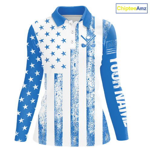 Personalized Blue & White American Flag Retro Women golf polo shirts Custom Patriotic ladies golf top NQS10308