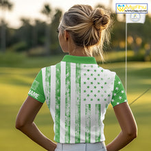 Load image into Gallery viewer, Personalized Green &amp; White American Flag Retro Women golf polo shirt Custom Patriotic ladies golf top NQS10309