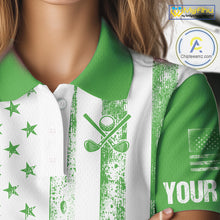 Load image into Gallery viewer, Personalized Green &amp; White American Flag Retro Women golf polo shirt Custom Patriotic ladies golf top NQS10309