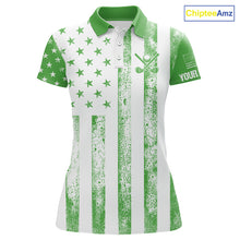 Load image into Gallery viewer, Personalized Green &amp; White American Flag Retro Women golf polo shirt Custom Patriotic ladies golf top NQS10309
