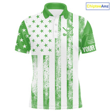 Load image into Gallery viewer, Personalized Green &amp; White American Flag Retro Men golf polo shirts Custom Patriotic golf top for men NQS10309